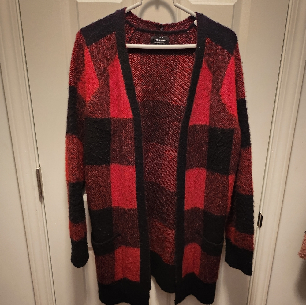 Lucky Brand Red and Black Plaid Cardigan